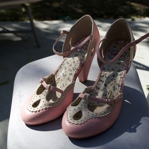 Retro pink Mary Jane pumps with ankle strap
